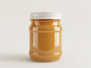 A jar of peanut butter is sitting on a white background. The jar is made of plastic and has a lid.
