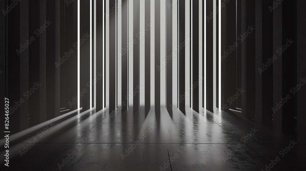 Poster abstract black and white image featuring vertical light bars casting shadows on a reflective floor, 