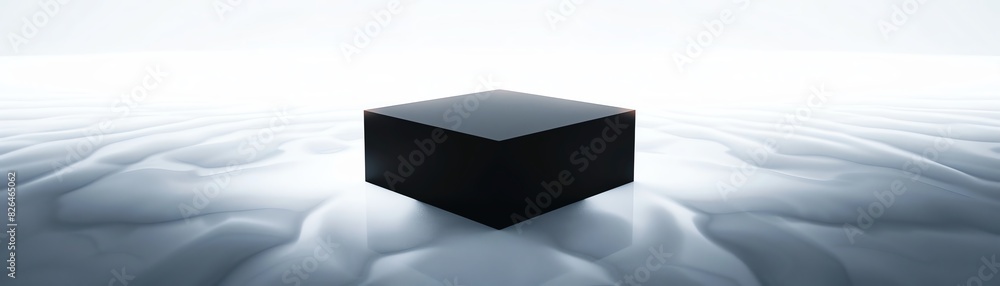 Poster abstract black cube on a smooth surface, with a bright, ethereal background. conceptual art with min
