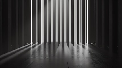Abstract black and white image featuring vertical light bars casting shadows on a reflective floor, creating a dramatic geometric pattern.