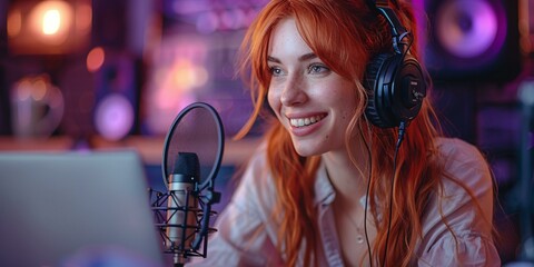 A woman with red hair is smiling and wearing headphones, possibly listening to music or recording a podcast.