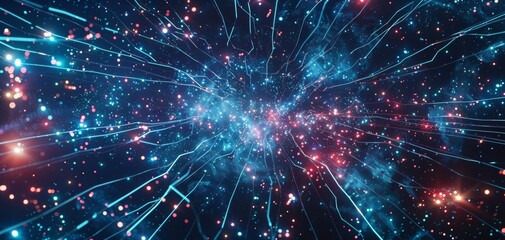 Dynamic cosmic background with vibrant particles and neon lights, representing outer space, energy, and futuristic technology. Abstract design.