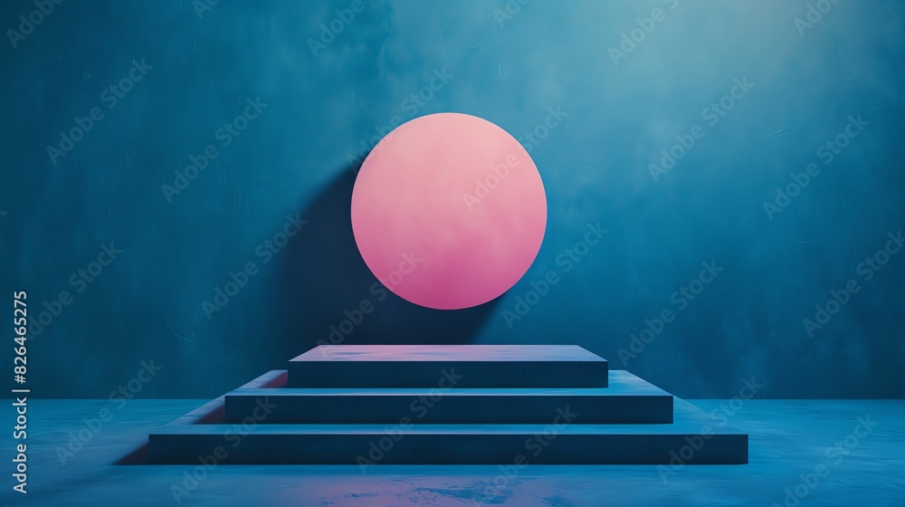 Poster abstract composition of a pink sphere on pedestal steps with teal background, creating a modern and 
