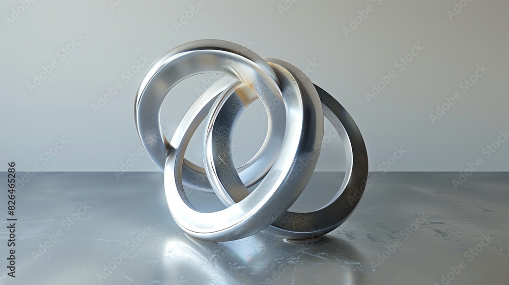 Poster abstract composition of three interlocking metallic rings on a reflective surface with a minimalist 