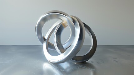 Abstract composition of three interlocking metallic rings on a reflective surface with a minimalist background.