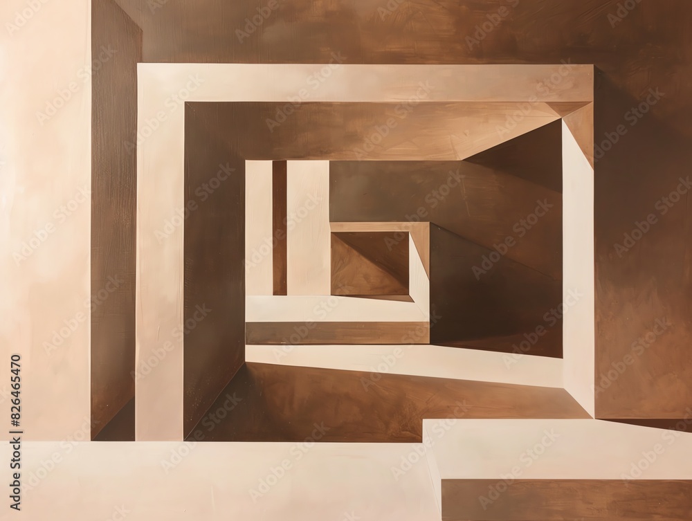 Poster abstract geometric brown and beige shapes creating a mesmerizing optical illusion in a minimalist ar