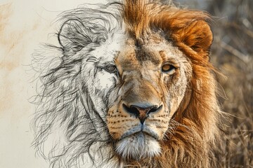 Naklejka premium A split-screen image showcasing a majestic lion. The right side features a realistic photo, while the left transitions into a detailed hand-drawn sketch with a contrasting, textured feel.