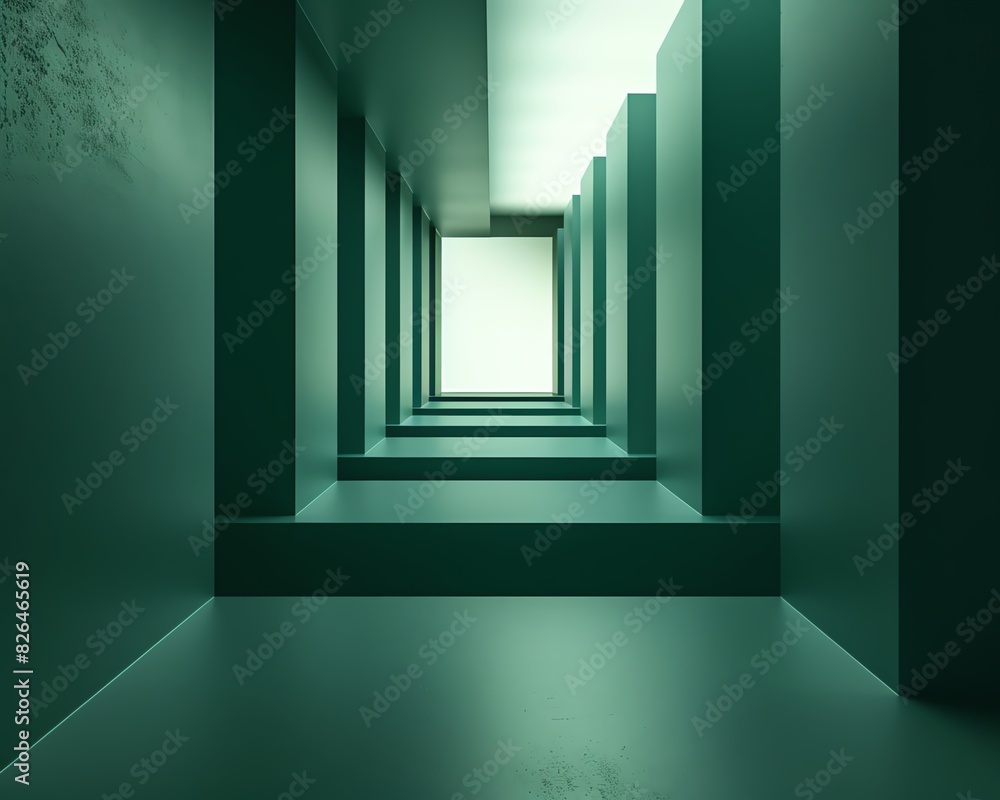 Poster abstract green geometric hallway with symmetric lighting, creating a modern and mysterious atmospher