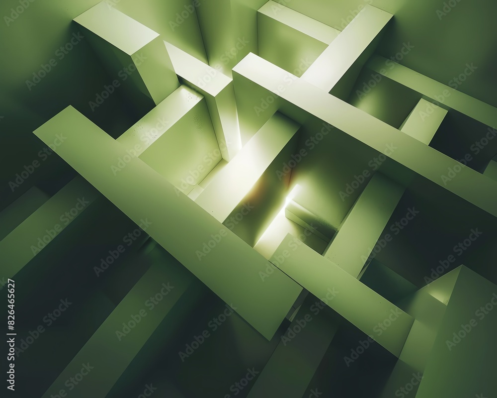 Poster abstract green geometric pattern featuring intersecting 3d rectangles with light and shadow play, cr