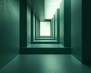 Abstract green geometric hallway with symmetric lighting, creating a modern and mysterious atmosphere. Futuristic architectural design.