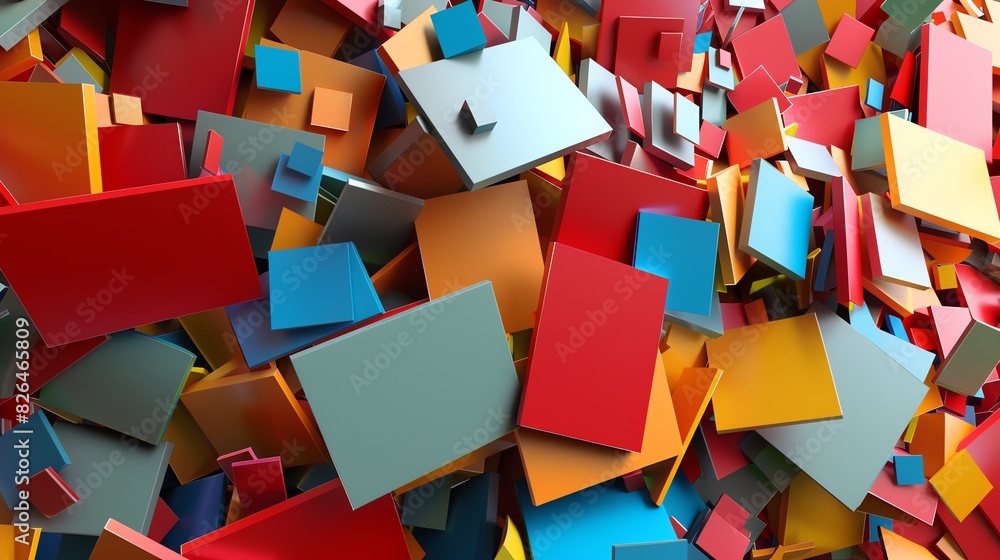 Poster a vibrant collection of colorful abstract rectangular shapes overlapping and scattered, creating a d