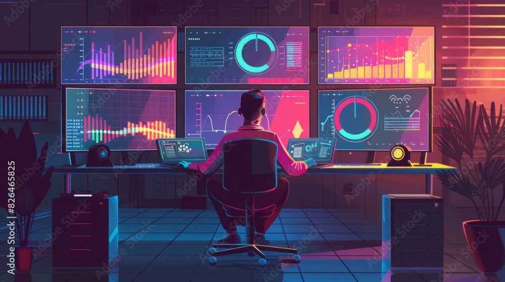 Poster a person sitting at a desk, surrounded by multiple monitors displaying various data and information.
