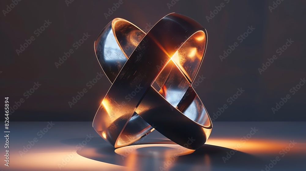 Poster abstract metallic geometric sculpture with glowing light reflections in a studio setting, creating a