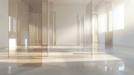 Abstract minimalist interior design with translucent panels and natural light creating elegant shadows and peaceful atmosphere.