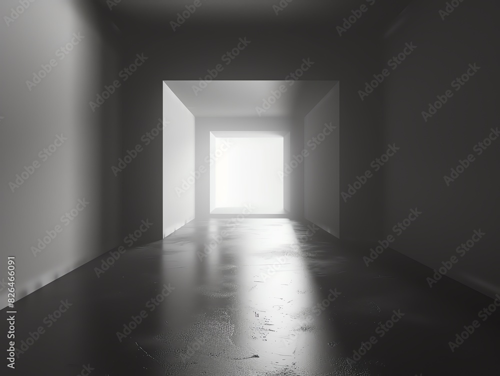 Poster abstract view of an empty, dark corridor with light shining at the end, depicting concepts of hope, 