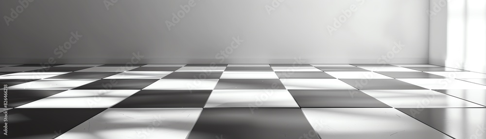 Poster black and white checkered floor illuminated by natural light in an empty room, creating a minimalist