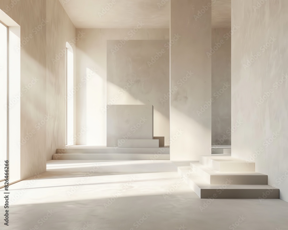Poster bright minimalist interior with ambient natural light, featuring modern architectural design and cle