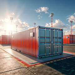 A shipping container is on a tarmac at sunset.