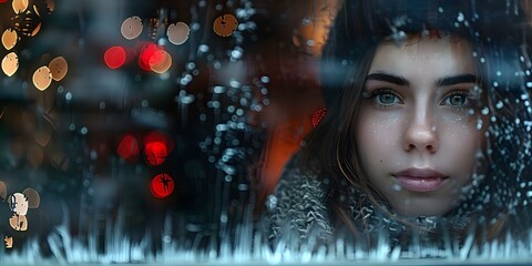 Woman gazes through frosted window pane captivated by enchanting Christmas scene. Concept Holiday Photography, Winter Wonderland, Indoor Photoshoot, Enchanting Moments, Festive Portrait