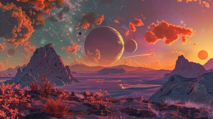 A breathtaking alien landscape with strange flora, unusual rock formations, and multiple moons or planets in the sky