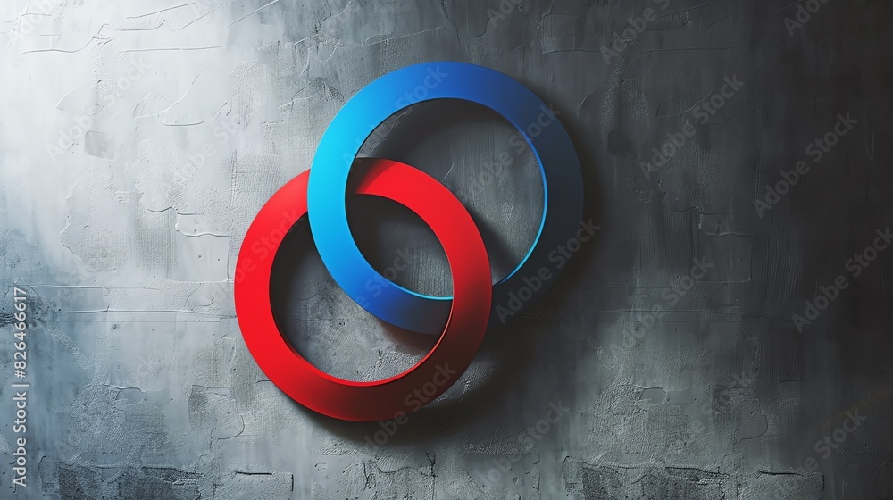 Poster creative 3d illustration of two interlinked rings, red and blue, on a textured gray background symbo