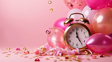 A festive and vibrant setup with a classic alarm clock, balloons, confetti, and party accessories on a pink background