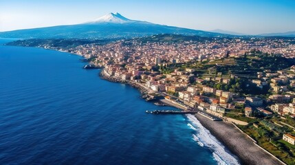 Fototapeta premium This image showcases a sweeping aerial view of a coastal city with a prominent volcano in the background, exemplifying natural beauty and urban landscape