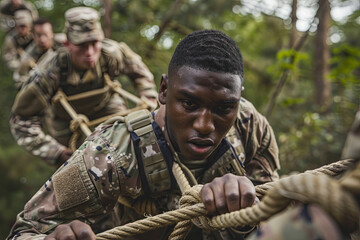 Military soldiers climbing rope during obstacle course in boot camp
