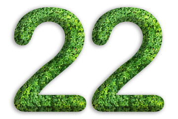 3d of the number of 22 is made from green grass on white background, go green concept