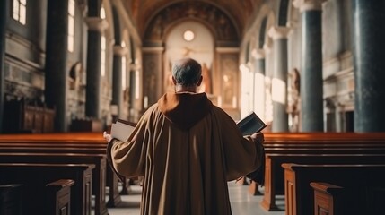 Naklejka premium An individual, likely a monk or clergy member, stands in a large, architecturally impressive church, holding a book that could be a bible or prayer book