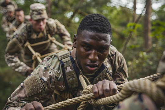 Military soldiers climbing rope during obstacle course in boot camp