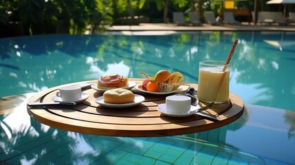 Breakfast served on a wooden tray floating in the clear blue water of a tranquil pool at a luxury resort, with tropical setting - Powered by Adobe