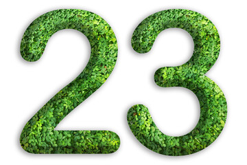 3d of the number of 23 is made from green grass on white background, go green concept