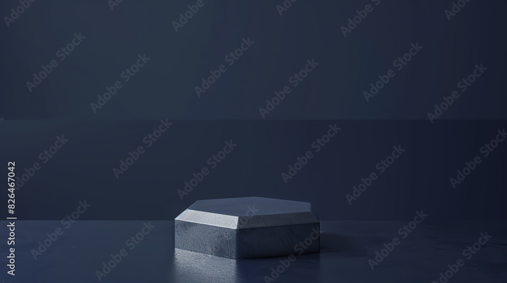Poster minimalist dark blue hexagonal pedestal with elegant shadows, ideal for product display or modern de