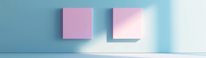 Minimalist design featuring two pink square panels on pastel blue background with soft lighting for modern decor or art presentation.