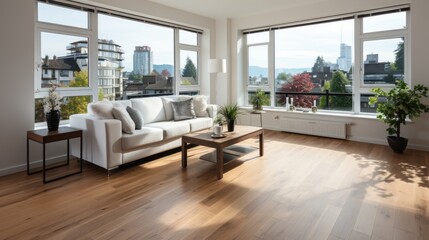 Naklejka premium Modern living room with large windows, city skyline view, comfortable sofa and wooden furniture