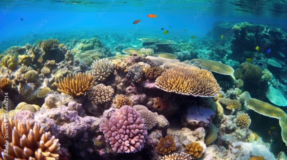 Wall mural Colorful coral reef with a variety of marine life captured under the clear blue sea