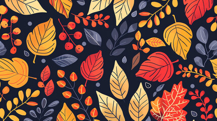 autumn leaves and berries in various colors on a dark blue background.