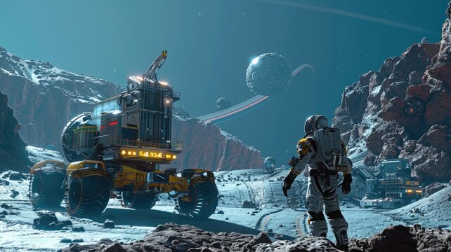 Mining operation on an asteroid, with futuristic machinery and space suits