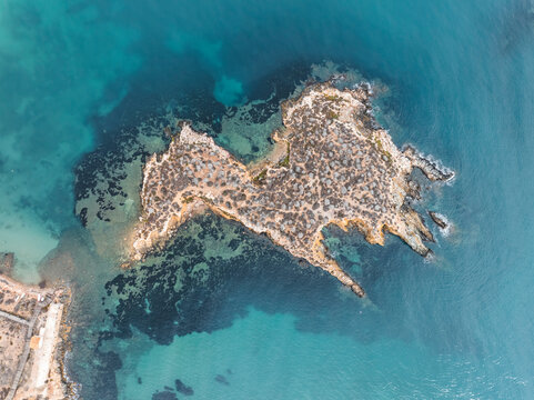 Aerial view of coastal town Isla Plana Island, Cartagena, Murcia, Spain.