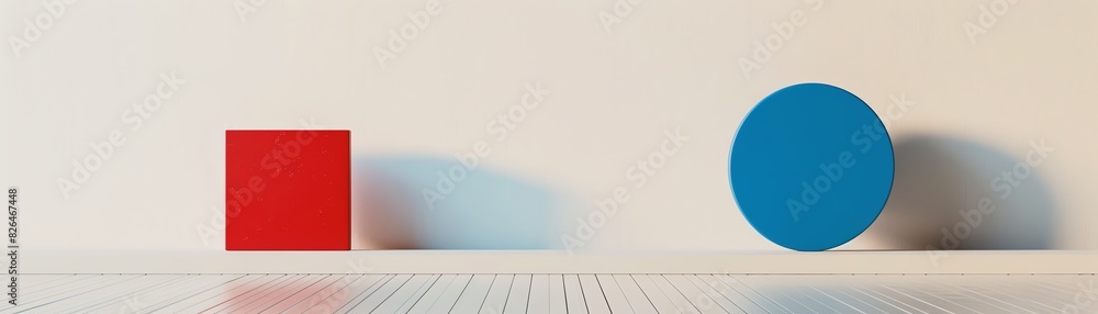 Poster minimalistic image of a red cube and a blue cylinder on a white background, symbolizing geometric sh
