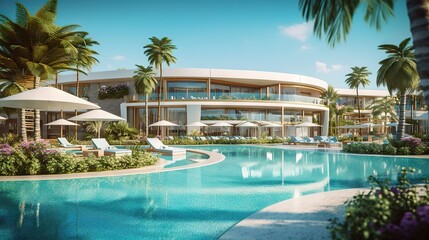 An upscale resort featuring a lavish circular swimming pool surrounded by palm trees and modern architecture
