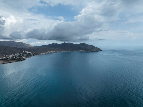 Aerial view of coastal forms and Mediterranean sea, Isla Plana, Murcia, Spain.