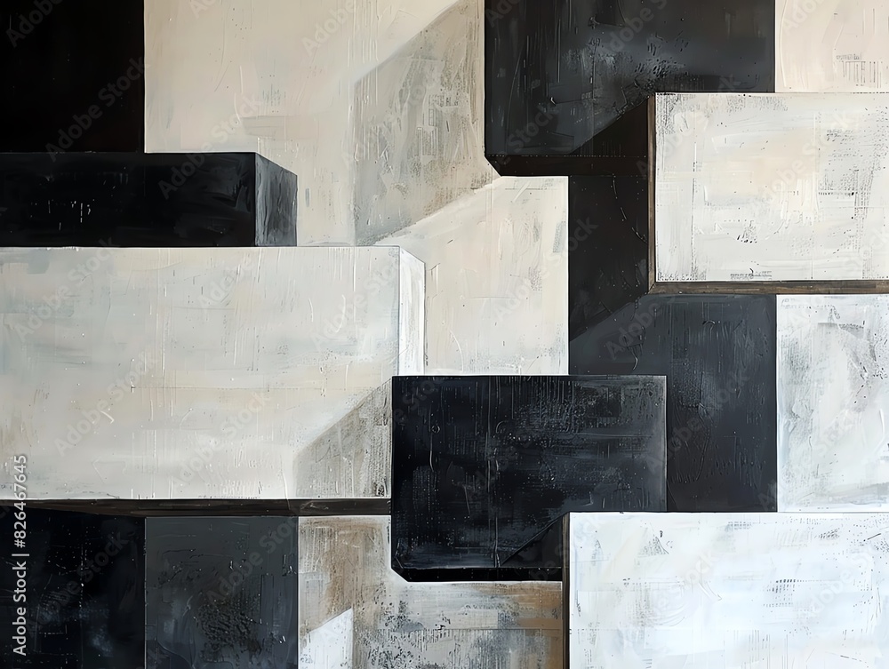 Poster modern abstract geometric painting with black and white blocks, creating an edgy and dynamic visual 