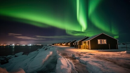 A stunning display of the Northern Lights (Aurora Borealis) above houses on a snowy landscape