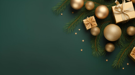 Christmas green background with golden baubles and gift boxes