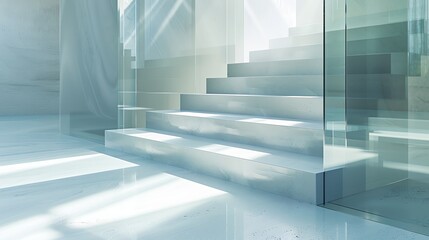Obraz premium Modern interior staircase with glass and sunlight. Minimalist design with clean lines, bright lighting, and an elegant atmosphere.