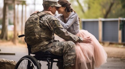 Obraz premium A soldier in uniform sits in a wheelchair, embraced by a partner in a tender moment