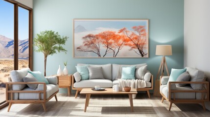 Spacious living room interior design with modern furniture and a large nature-themed artwork on the wall