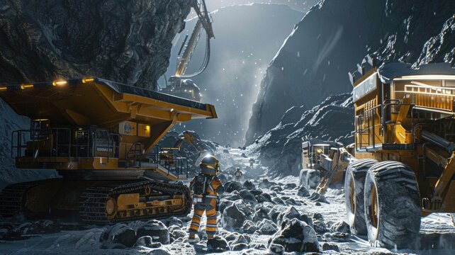 Mining operation on an asteroid, with futuristic machinery and space suits